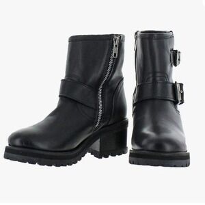 Steve Madden Women's GAIN Motorcycle Boot Chunky Heel Black Leather  6.5 M EUC